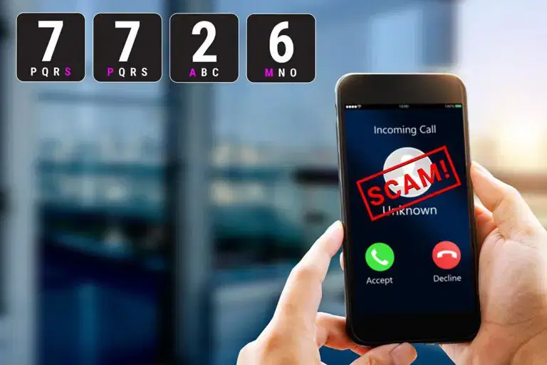 Scam warning on a phone with the numbers 7726 spelling scam