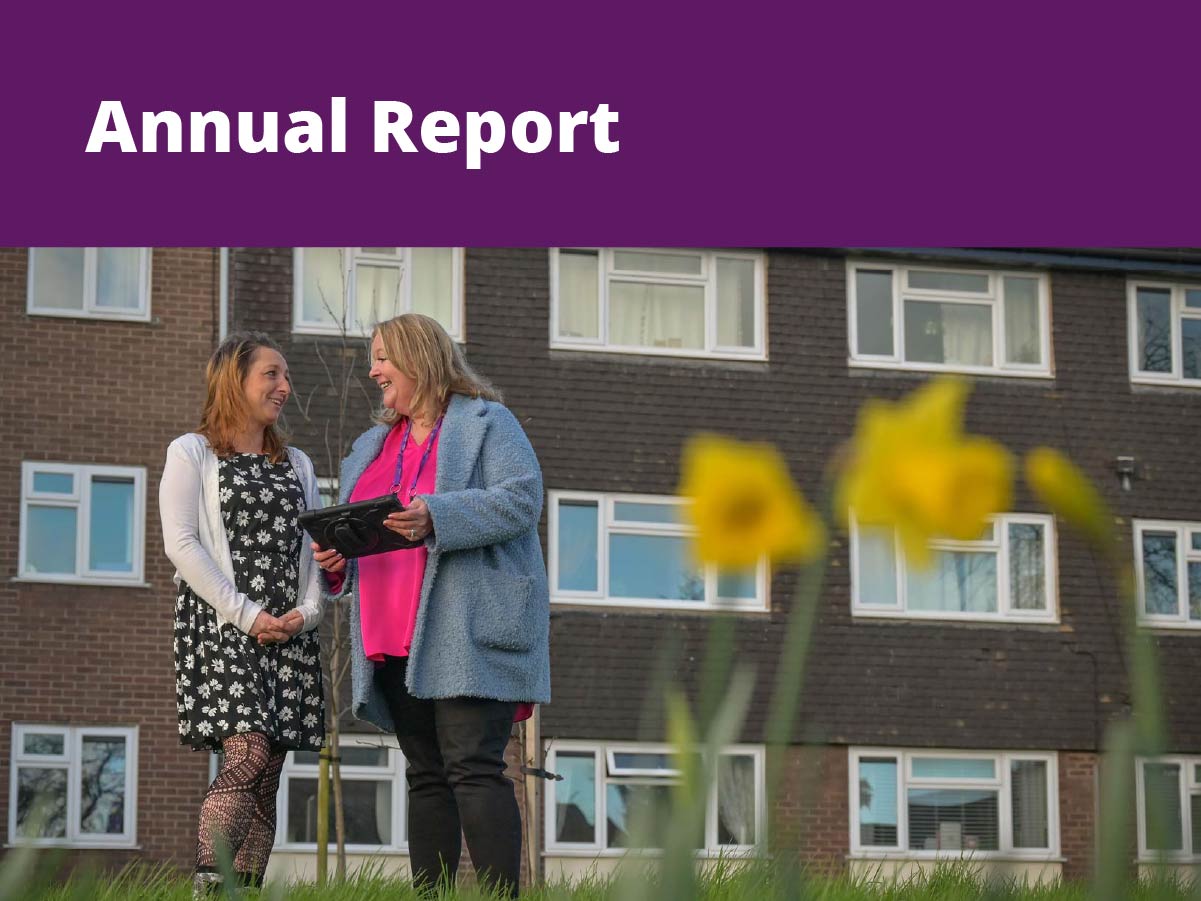 Annual Report text with woman speaking in a garden