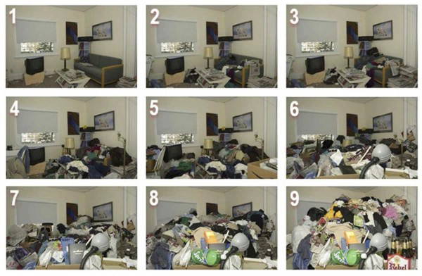 An image showing multiple levels of clutter in a house ranging from 1 to 10 with 1 being the lowest amount and 10 the highest.